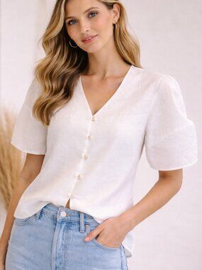 R.G. Kane NEW Ivory Lantern Blouse Linen Puff Sleeve Shirt SZ Medium Coastal